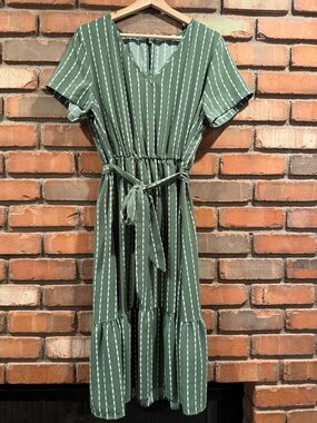 Striped Olive Tie-Waist Midi Dress